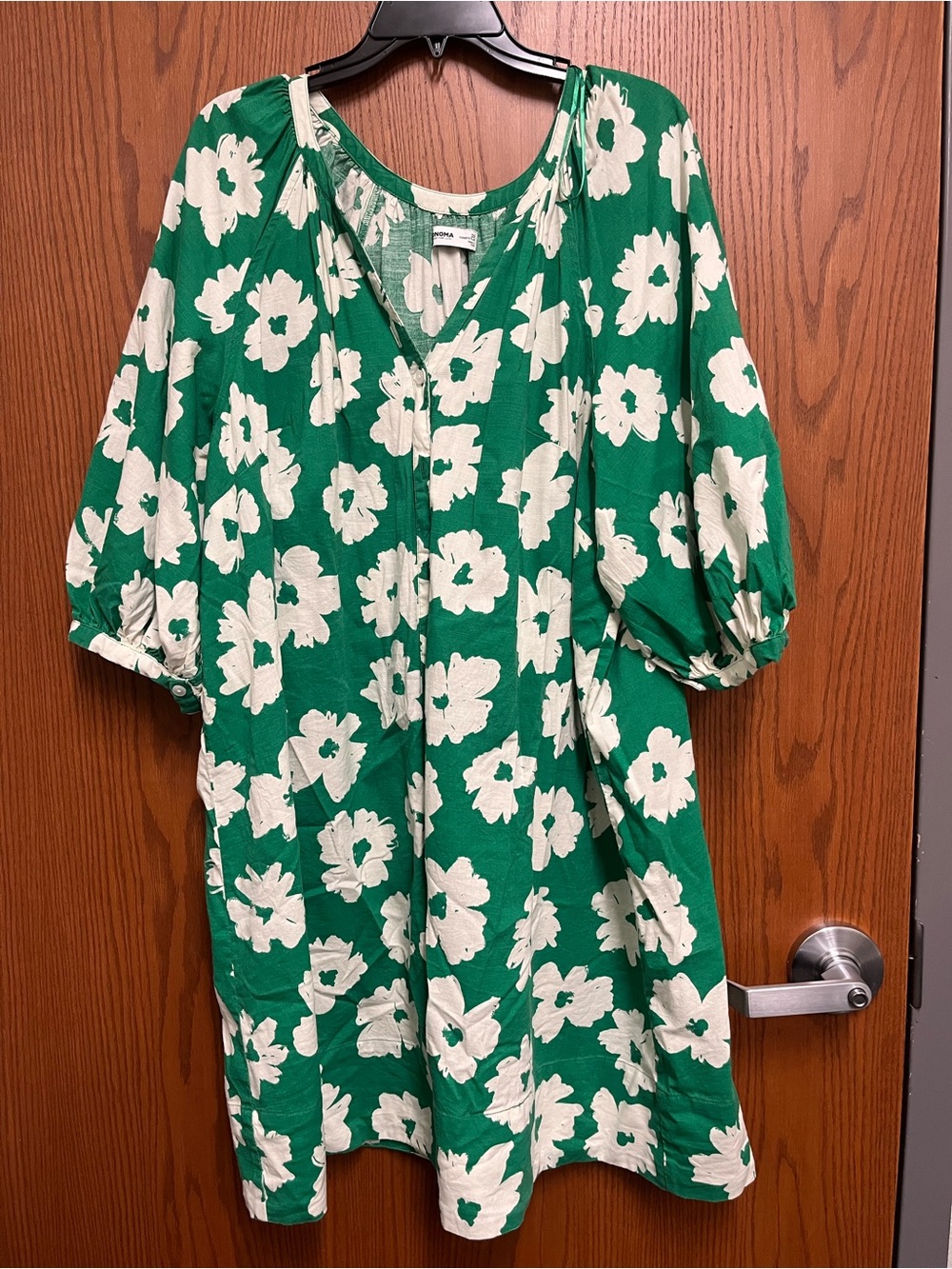 Women's Sonoma linen blend Green Floral V-Neck Puff Sleeve Dress in 2x